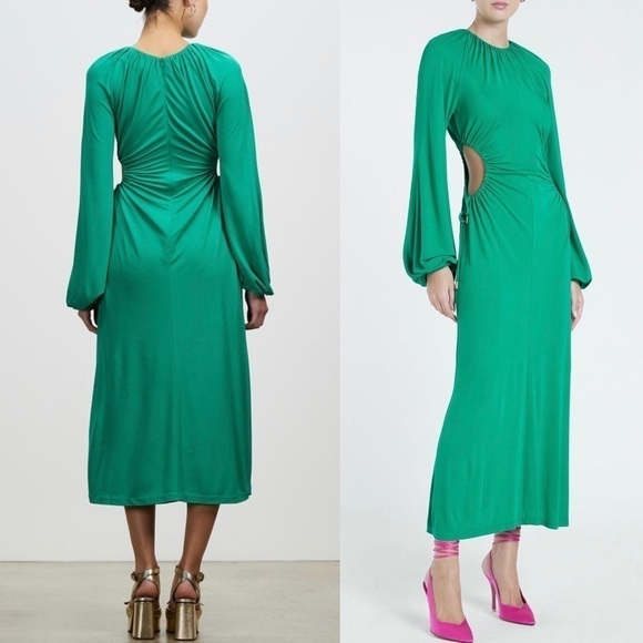 REBECCA VALLANCE 70s Ruched Tie Waist Cutout Long Bell Sleeve Disco Midi Dress 8 - Picture 2 of 15